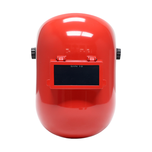 Red fiberglass welding helmet with flip-up visor and fixed shade 10 filter, ergonomic design for comfort and tight spaces