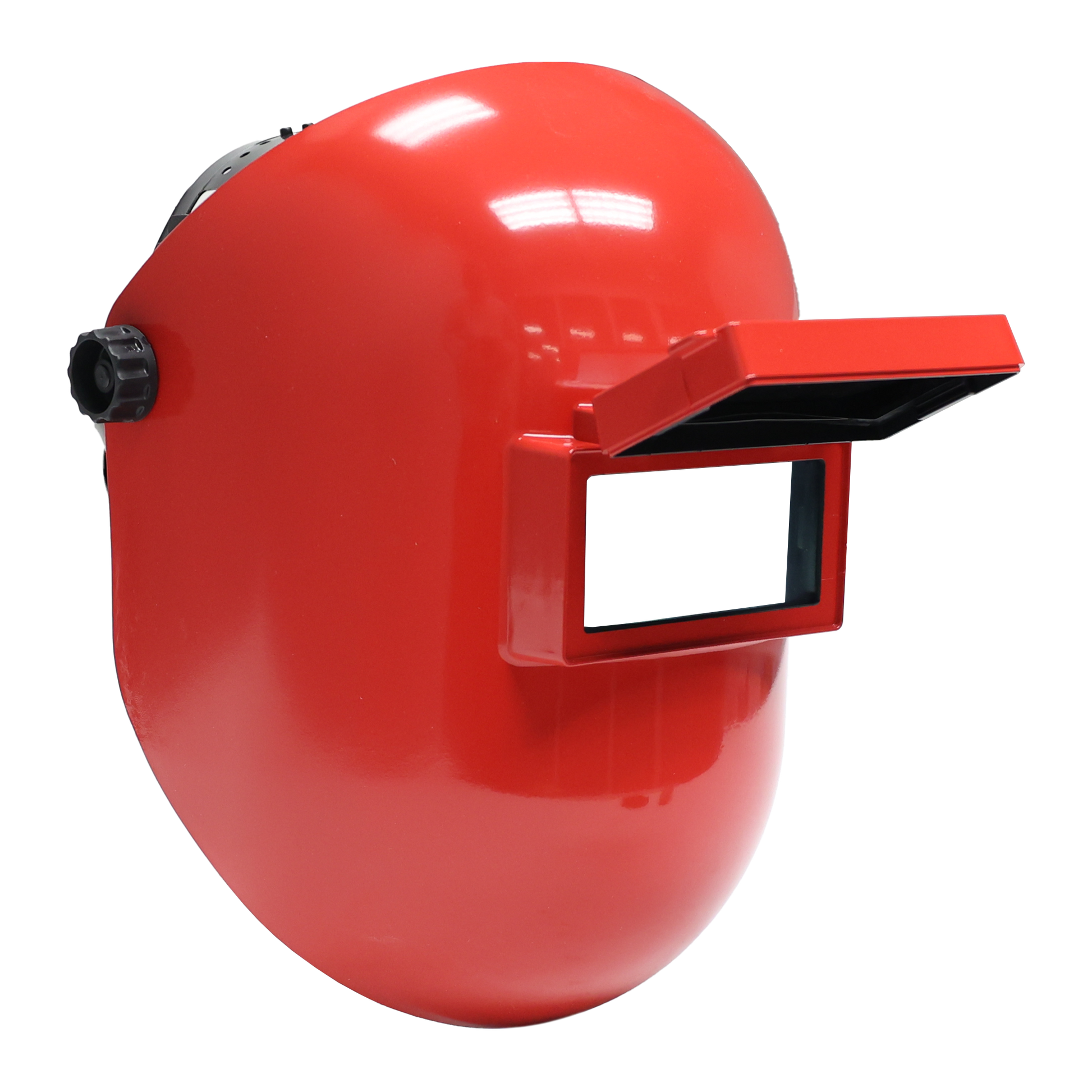 Red fiberglass Sugar Scoop welding helmet with flip-up visor and 2 x 4.25 inch viewing window