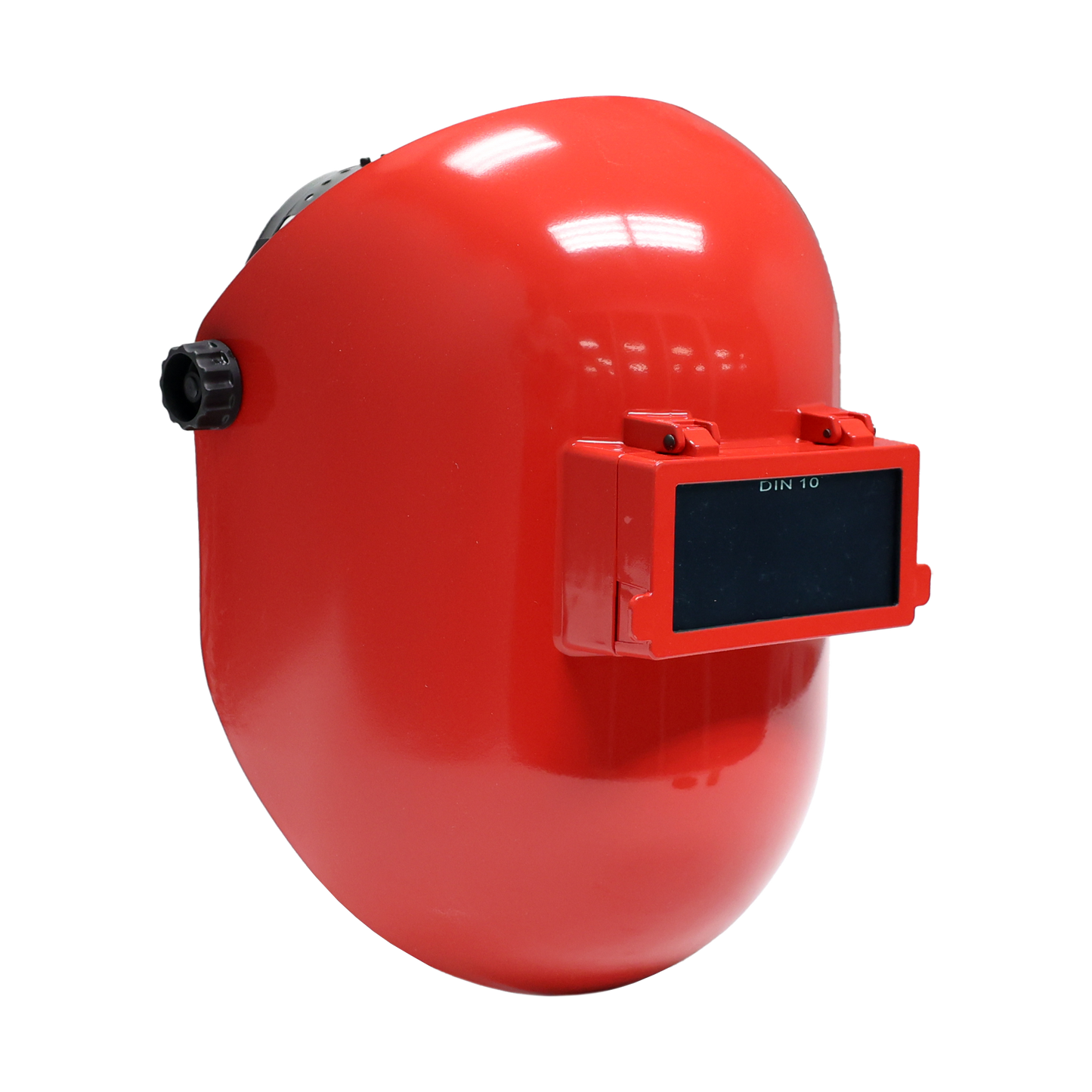Red fiberglass welding helmet with flip-up visor and fixed shade 10 filter, ergonomic design for comfort and tight spaces