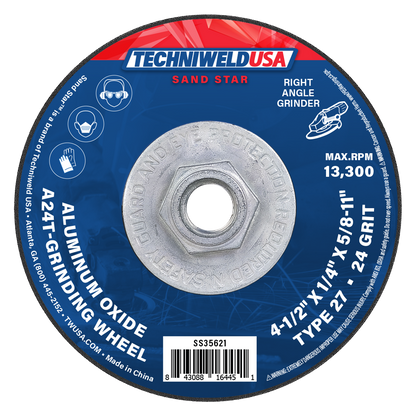 4.5-inch aluminum oxide grinding wheel with threaded hub for right angle grinder, type 27, coarse 24 grit, premium steel and iron grinding.