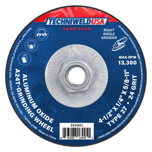 4.5-inch aluminum oxide grinding wheel with threaded hub for right angle grinder, type 27, coarse 24 grit, premium steel and iron grinding.