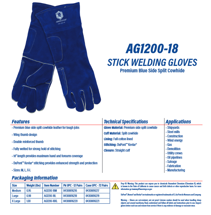 WELDING GLOVES, STICK - BLUE, PREMIUM SIDE SPLIT COWHIDE - AG-1200-18 - welding electrodes, Grinding Disc, Welding Lens, Cutting Tip, Cutting Wheels, Flap Disc, Heating Tip, Welding Gloves, MIG Gun - Welding Helmet, Welding Wire - USA Welding Supply