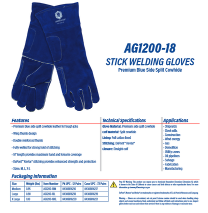 WELDING GLOVES, STICK - BLUE, PREMIUM SIDE SPLIT COWHIDE - AG-1200-18 - welding electrodes, Grinding Disc, Welding Lens, Cutting Tip, Cutting Wheels, Flap Disc, Heating Tip, Welding Gloves, MIG Gun - Welding Helmet, Welding Wire - USA Welding Supply