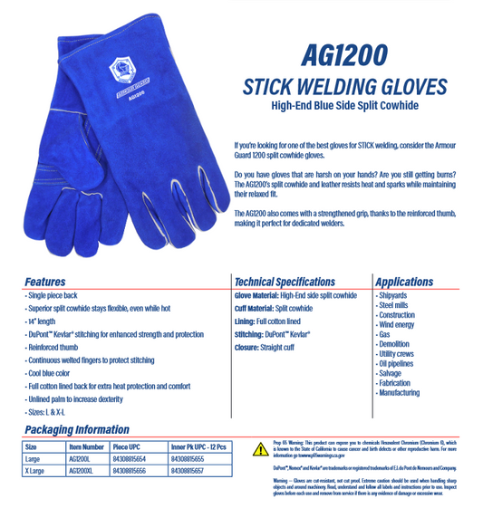 WELDING GLOVES, STICK - COTTON LINED, BLUE,  PREMIUM SIDE SPLIT COWHIDE -AG-1200 - welding electrodes, Grinding Disc, Welding Lens, Cutting Tip, Cutting Wheels, Flap Disc, Heating Tip, Welding Gloves, MIG Gun - Welding Helmet, Welding Wire - USA Welding Supply