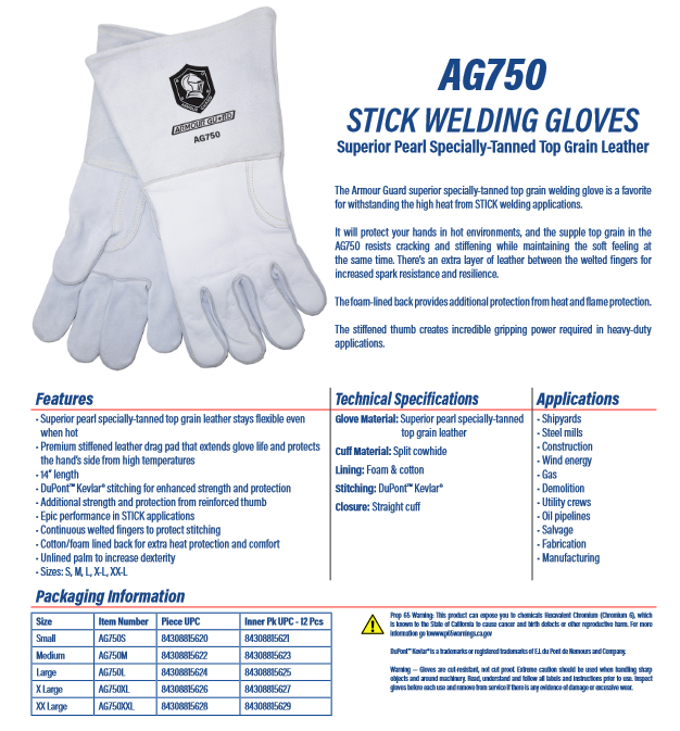 STICK Welding Gloves Top-grain Cowhide Leather with DuPont Kevlar Stitching - Stick Welders Gloves - Armour Guard AG-750 - welding electrodes, Grinding Disc, Welding Lens, Cutting Tip, Cutting Wheels, Flap Disc, Heating Tip, Welding Gloves, MIG Gun - Welding Helmet, Welding Wire - USA Welding Supply