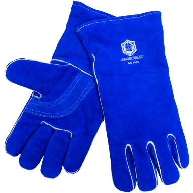 Blue side split cowhide stick welding gloves with cotton lining and Kevlar stitching, 14-inch length