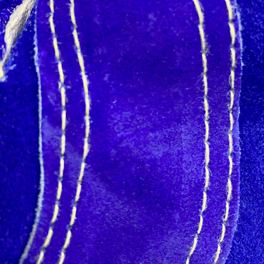 Close-up of durable blue side split cowhide stick welding gloves with reinforced Dupont Kevlar stitching and welted fingers for heat protection and strength.