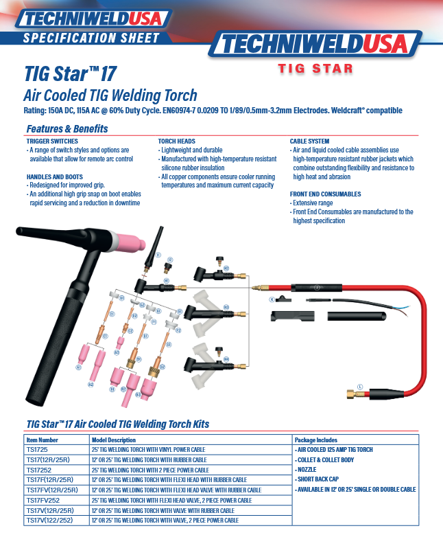 Techniweld USA TIG Star welding torch specification sheet with product details and features.
