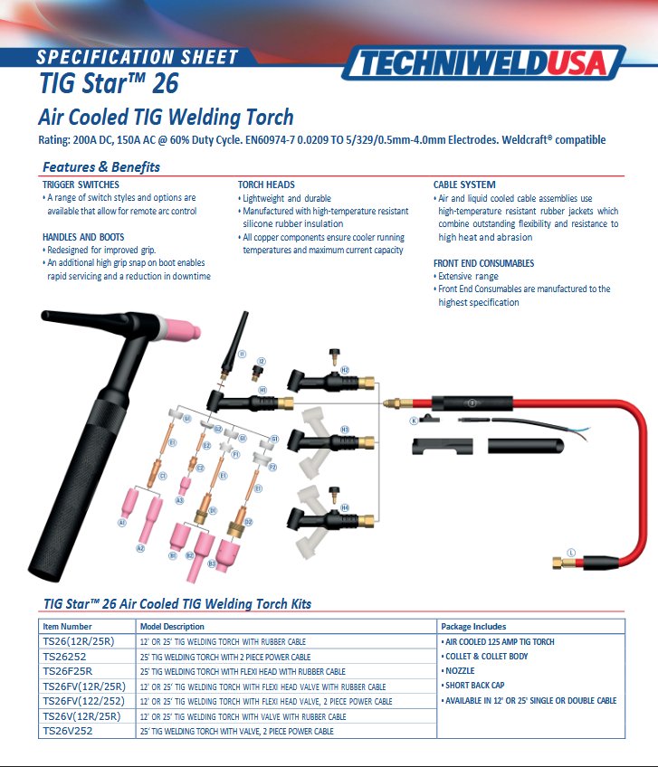 TIG Torch - 26FV-25-R Torch Pkg 25/Ft 200/Amp Flex W/Valve - TS26FV25R SPEC SHEET