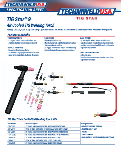 Techniweld USA TIG Star 9 welding torch specification sheet with product details and features.