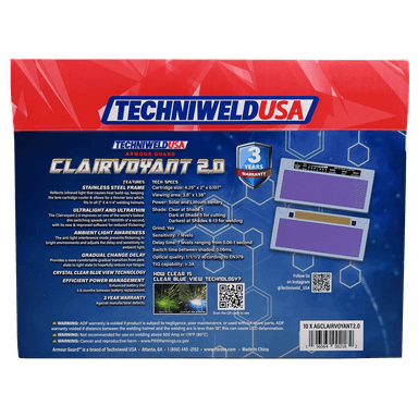 Techniweld USA Clairvoyant 2.0 auto-darkening lens packaging for welding helmet combo pack in red, white, or blue