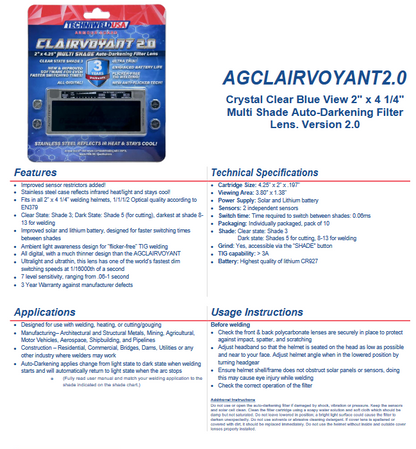 Welding helmet combo pack with Clairvoyant auto-darkening lens, lightweight fiberglass shell, ergonomic fit, and enhanced battery life in red, white, or blue options