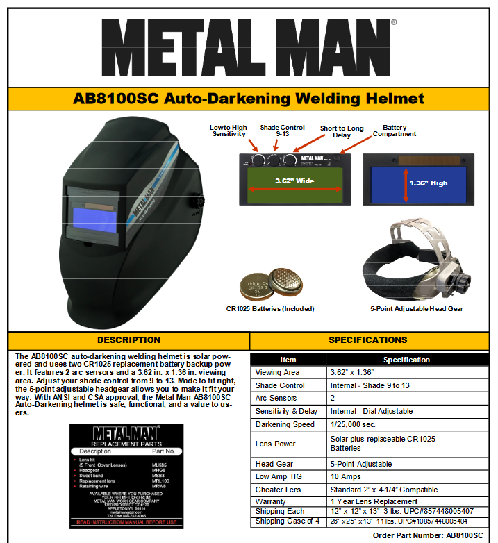 WELDING HELMET - METAL MAN AB8100SGC HOBBY AUTO DARKENING WELDING HELMET 9-13 - AB8100SC - welding electrodes, Grinding Disc, Welding Lens, Cutting Tip, Cutting Wheels, Flap Disc, Heating Tip, Welding Gloves, MIG Gun - Welding Helmet, Welding Wire - USA Welding Supply