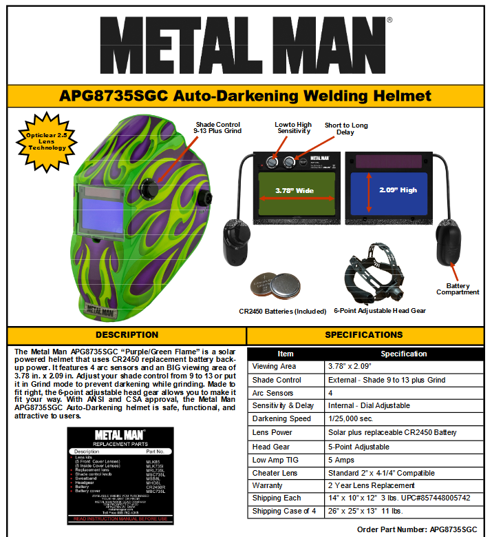 WELDING HELMET - METAL MAN AD9-13 Variable SDRG4 Green/Purple Helmet- APG8735SGC - welding electrodes, Grinding Disc, Welding Lens, Cutting Tip, Cutting Wheels, Flap Disc, Heating Tip, Welding Gloves, MIG Gun - Welding Helmet, Welding Wire - USA Welding Supply