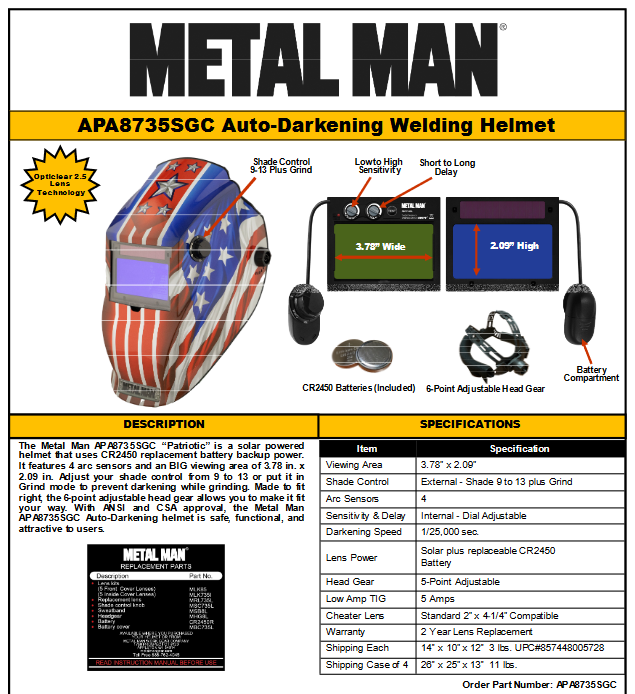 WELDING HELMET - Flag - Patriotic Helmet - METAL MAN Auto-darkening 9-13 Variable - welding electrodes, Grinding Disc, Welding Lens, Cutting Tip, Cutting Wheels, Flap Disc, Heating Tip, Welding Gloves, MIG Gun - Welding Helmet, Welding Wire - USA Welding Supply
