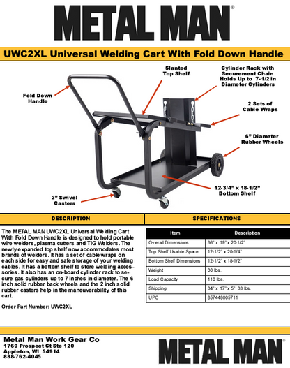 Welding Cart - Metal Man Universal Mig Cart Welding Supplies - UWC2XL - welding electrodes, Grinding Disc, Welding Lens, Cutting Tip, Cutting Wheels, Flap Disc, Heating Tip, Welding Gloves, MIG Gun - Welding Helmet, Welding Wire - USA Welding Supply