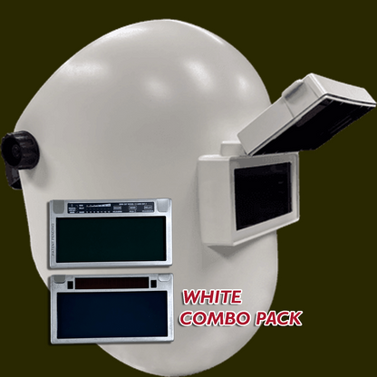 White welding helmet with flip-front visor and Clairvoyant auto-darkening lens combo pack