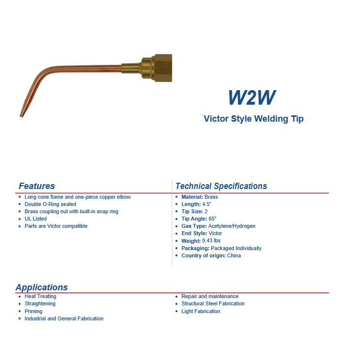Victor style Welding Tip WW with copper elbow and brass coupling for torch brazing and welding, UL listed and Victor compatible