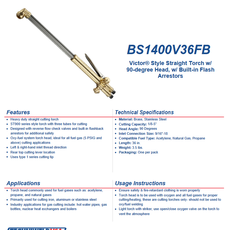 Welding Cutting Torch - 36 Victor® Style Straight Torch w/ 90-degree Head, w/ Built-in Flash Arrestors (ST900 style torch with three tubes) - welding electrodes, Grinding Disc, Welding Lens, Cutting Tip, Cutting Wheels, Flap Disc, Heating Tip, Welding Gloves, MIG Gun - Welding Helmet, Welding Wire - USA Welding Supply