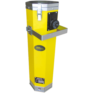 Yellow welding electrode rod oven with thermostat dial and metal latch, dual voltage 110-220V, 20 lb capacity