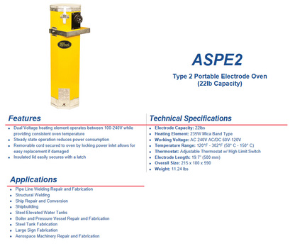 Yellow portable welding electrode rod oven with locking lid, dual voltage 110-240V, 22lb capacity, and adjustable thermostat.