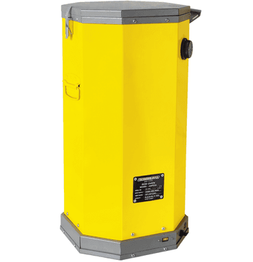 Yellow welding electrode rod oven with insulated latch lid, carry handles, and thermostat display, 50-lb capacity.