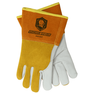 Leather MIG welding gloves with Kevlar stitching, top grain split cowhide, and 4-inch cuff for heat and cut resistance.