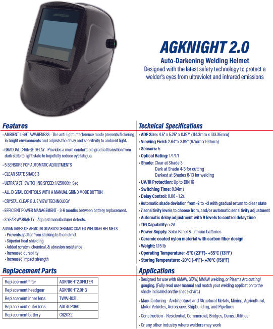 Welding Helmet - Armor Guard Knight 2.0 with Auto-darkening Technology - welding electrodes, Grinding Disc, Welding Lens, Cutting Tip, Cutting Wheels, Flap Disc, Heating Tip, Welding Gloves, MIG Gun - Welding Helmet, Welding Wire - USA Welding Supply