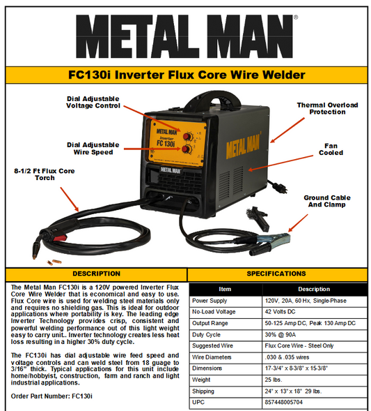 Welding Machine / Flux Core Wire Welder - METAL MAN FC130 INVERTER - welding electrodes, Grinding Disc, Welding Lens, Cutting Tip, Cutting Wheels, Flap Disc, Heating Tip, Welding Gloves, MIG Gun - Welding Helmet, Welding Wire - USA Welding Supply