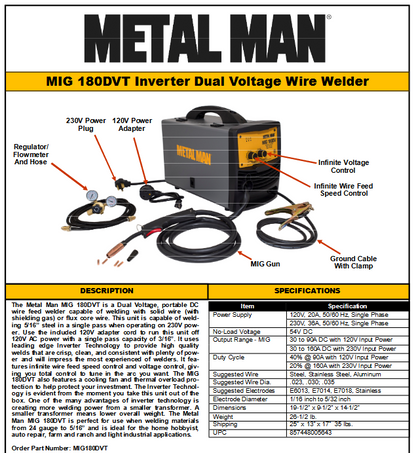 Welding Machine MIG180DVT Metal Man MIG Welder - 120V 230V - welding electrodes, Grinding Disc, Welding Lens, Cutting Tip, Cutting Wheels, Flap Disc, Heating Tip, Welding Gloves, MIG Gun - Welding Helmet, Welding Wire - USA Welding Supply