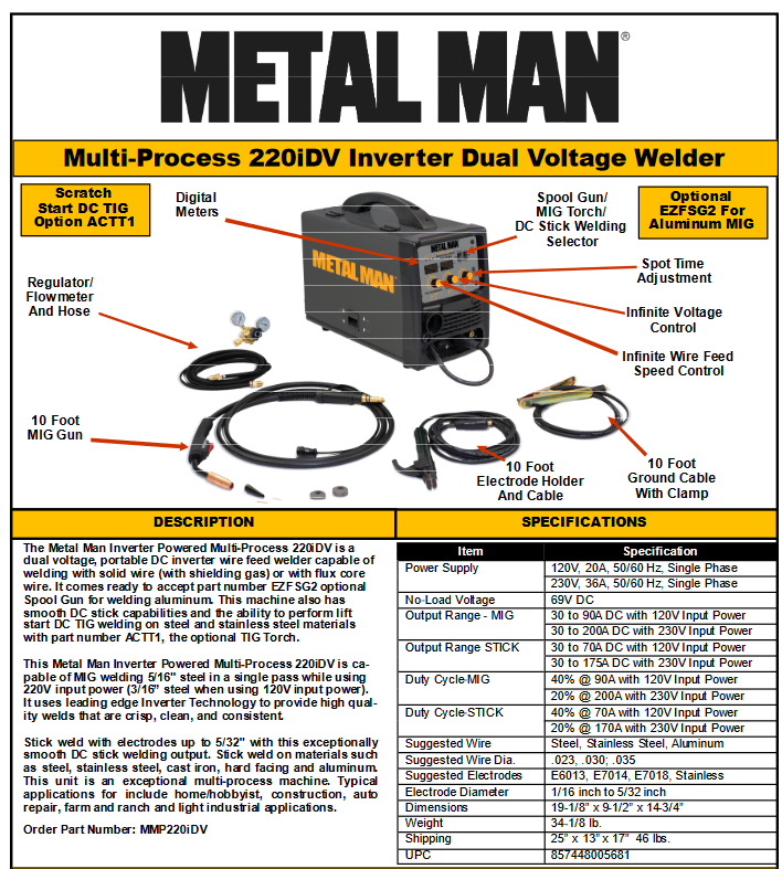 Welding Machine / TIG / MIG / STICK / Flux Core Wire Welder - METAL MAN 200A INVERTER DV MP WELDER - MMP220iDV - welding electrodes, Grinding Disc, Welding Lens, Cutting Tip, Cutting Wheels, Flap Disc, Heating Tip, Welding Gloves, MIG Gun - Welding Helmet, Welding Wire - USA Welding Supply