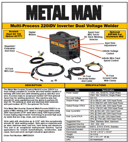 Welding Machine / TIG / MIG / STICK / Flux Core Wire Welder - METAL MAN 200A INVERTER DV MP WELDER - MMP220iDV - welding electrodes, Grinding Disc, Welding Lens, Cutting Tip, Cutting Wheels, Flap Disc, Heating Tip, Welding Gloves, MIG Gun - Welding Helmet, Welding Wire - USA Welding Supply