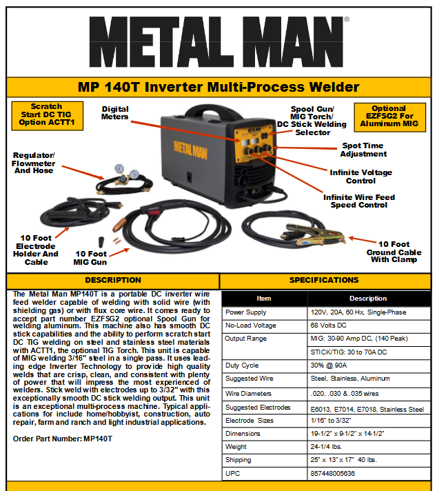 Metal Man MP140T 120V inverter multi-process welding machine with TIG, MIG, STICK, and Flux Core capabilities including cables and torch attachments