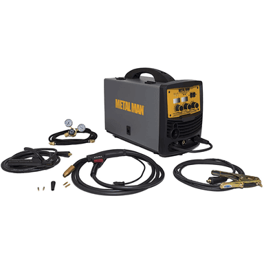 Metal Man MP140T multi-process welding machine with TIG, MIG, STICK, and Flux Core capabilities and accessories on white background