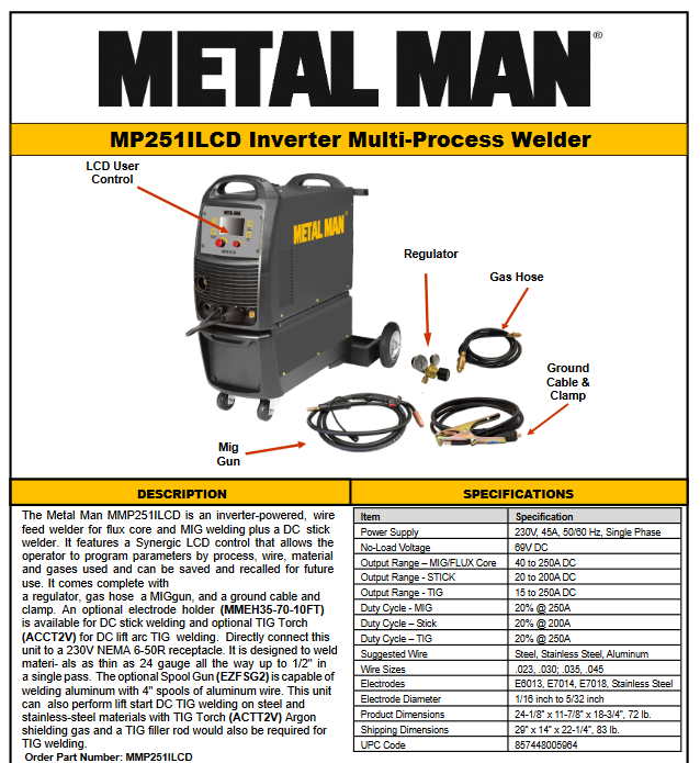 Welding Machine / TIG / MIG / Stick Welder - Metal Man 250A Inverter 230 V Multi-process Welder - MMP251ILCD - welding electrodes, Grinding Disc, Welding Lens, Cutting Tip, Cutting Wheels, Flap Disc, Heating Tip, Welding Gloves, MIG Gun - Welding Helmet, Welding Wire - USA Welding Supply