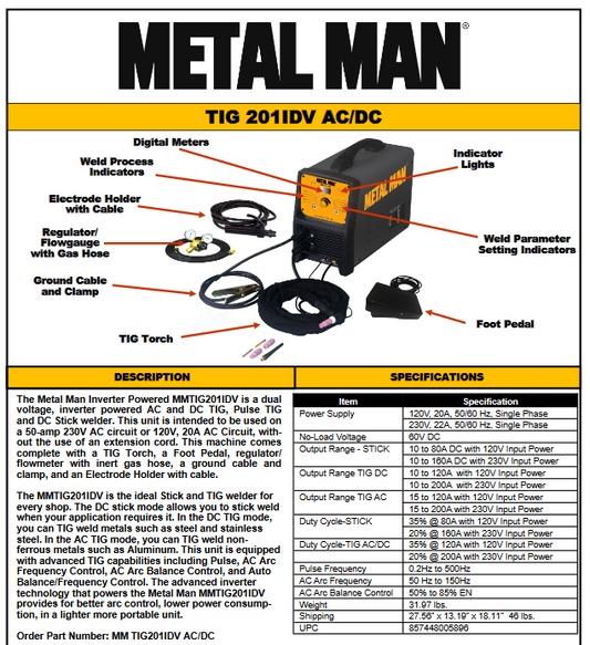 Welding Machine / TIG Welder - Metal Man 200A Inverter DV AC/DC - 201IDV - welding electrodes, Grinding Disc, Welding Lens, Cutting Tip, Cutting Wheels, Flap Disc, Heating Tip, Welding Gloves, MIG Gun - Welding Helmet, Welding Wire - USA Welding Supply