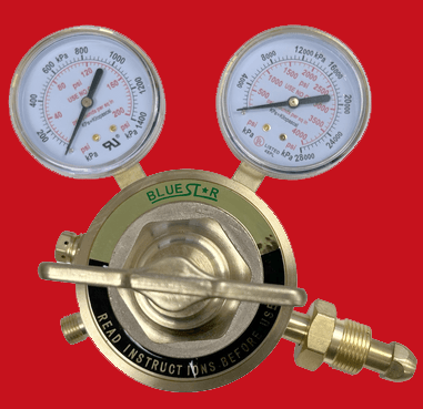 Blue Star 450 Series Welding Regulator with dual gauges, forged brass body, and copper threading, CGA-580 model