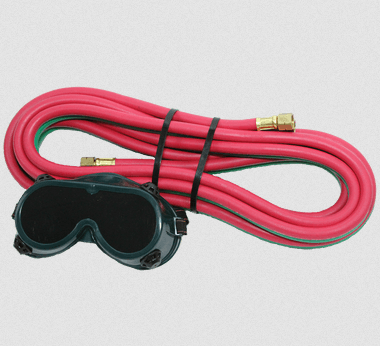 Blue Star 250 Series welding torch assembly with red R-grade twin hose and black protective goggles