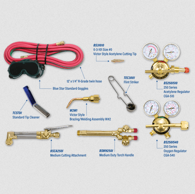 Blue Star 250 Series Welding Torch Assembly with regulators, cutting attachment, hoses, goggles, tip cleaner, and flint striker for light-duty welding and cutting tasks