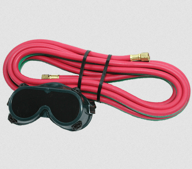 Blue Star Welding Torch Assembly with red twin hose and black protective goggles for medium-duty welding tasks