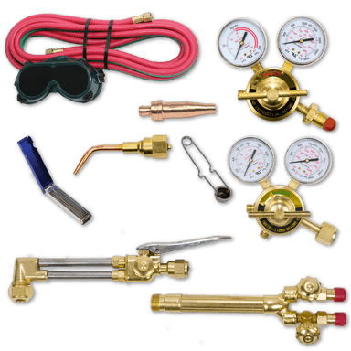 Blue Star 350 Series Welding Torch Assembly with oxygen and acetylene regulators, cutting tip, torch handle, twin hose, welding goggles, and accessories for medium-duty welding and cutting tasks