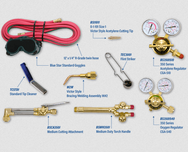 Welding torch assembly with acetylene and oxygen regulators, medium duty torch handle, cutting attachment, twin hose, tip cleaner, flint striker, welding goggles, and Victor compatible parts