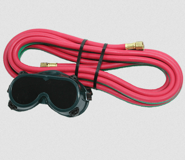 Blue Star 450 Series welding torch assembly with red R-grade hoses and protective welding goggles