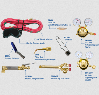 Blue Star 450 Series heavy-duty welding torch assembly with Victor compatible parts, regulators, hoses, striker, tip cleaner, and goggles.