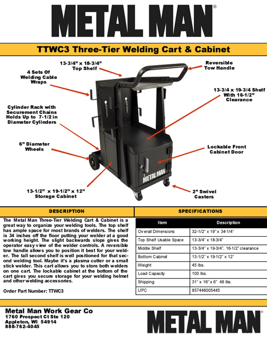Welding Cart - Metal Man Three-Tier Mig Cart and Cabinet for Welding Supplies - TTWC3 - welding electrodes, Grinding Disc, Welding Lens, Cutting Tip, Cutting Wheels, Flap Disc, Heating Tip, Welding Gloves, MIG Gun - Welding Helmet, Welding Wire - USA Welding Supply