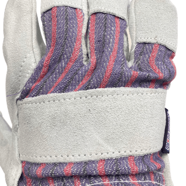 Lightweight leather work gloves with rugged cowhide palm and striped canvas backing for general labor and gardening.