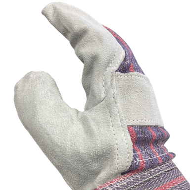 Lightweight leather work gloves with split cowhide palm, rubberized cuff, and canvas backing for general labor and gardening.