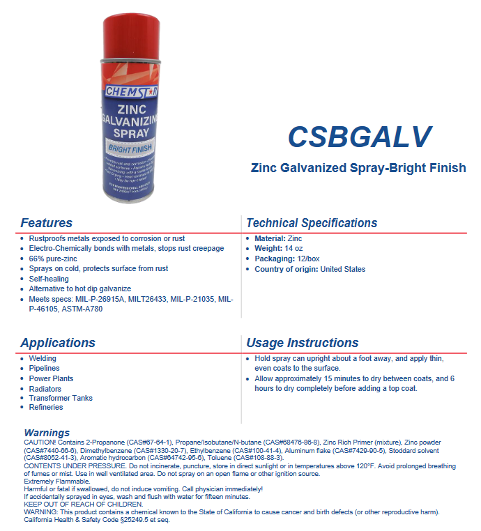 Zinc Galvanized Spray can with bright finish label, designed for rustproofing and galvanizing metal surfaces.