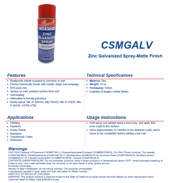 Zinc Matte Galvanized Spray (16 oz.) - Chem Star Bright Finish - CSMGALV - welding electrodes, Grinding Disc, Welding Lens, Cutting Tip, Cutting Wheels, Flap Disc, Heating Tip, Welding Gloves, MIG Gun - Welding Helmet, Welding Wire - USA Welding Supply