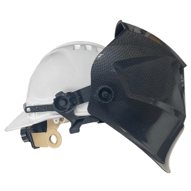 Welding helmet hardhat adapter connecting black welding helmet to white hard hat with mounting assembly
